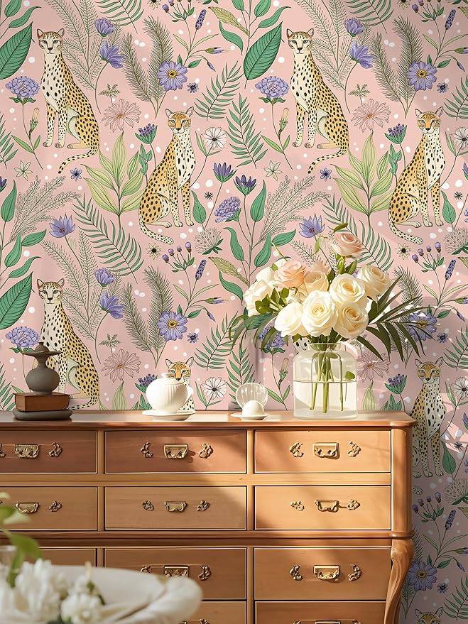 Floralplus Pink Leopard Wallpaper Floral Peel and Stick Wallpaper | Renter Friendly Removable Jungle Animal Wallpapers for Bedroom Stick On Floral Contact Paper for Nursery 17.5 x 118 in - Image 7