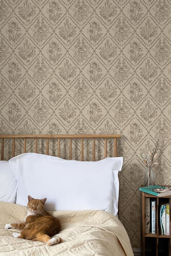 Toduso Vintage Peel and Stick Wallpaper Brown Floral Wallpaper for Kitchen Boho Neutral Contact Paper Removable Waterproof Self Adhesive Wall Paper for Bathroom Bedroom Drawer Decor Vinyl 17.3"x196.8" - Image 6