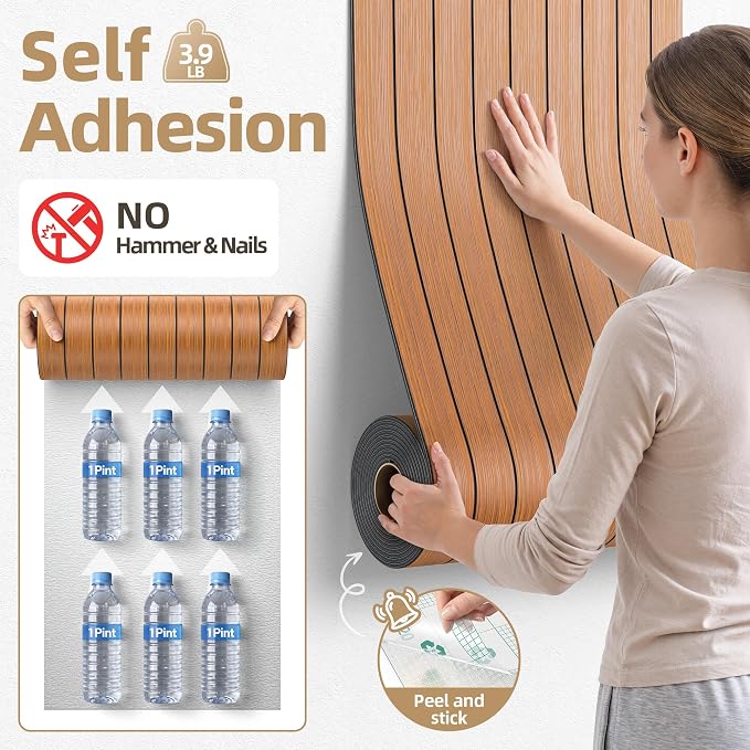 NEPIS Peel and Stick Wood Slat Wall Panel 3D PVC Faux Walnut Wood Wallpaper | 15.75"x118" Soundproof Wall Panels with Self Adhesive, Wall Coverning for Accent Walls Ceiling Bedroom Bathroom Kitchen Decor - Image 4