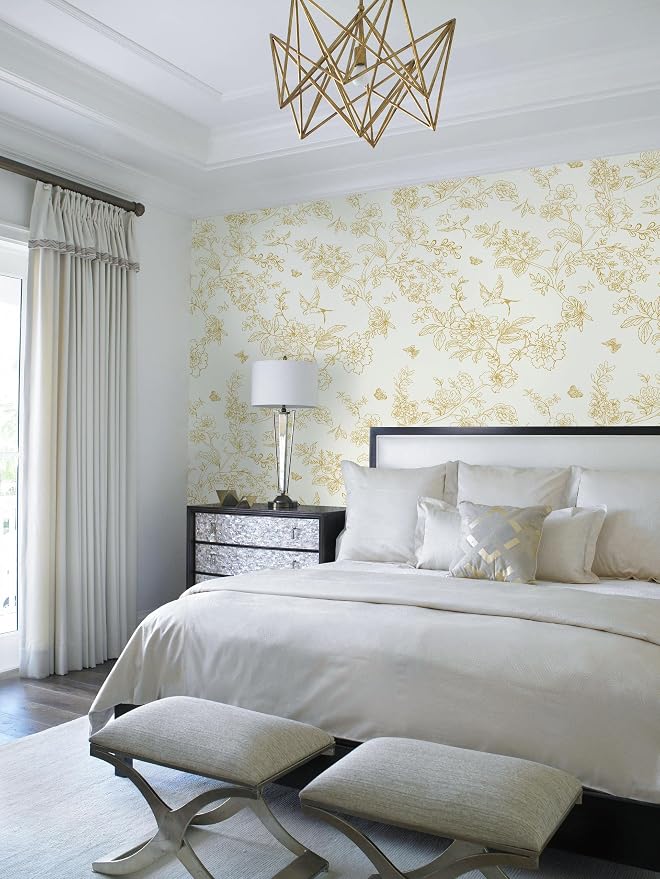 Froluya Cream White and Gold Floral Peel and Stick Wallpaper 17.7in×196.8in | Vintage Floral Birds Self Adhesive Wallpaper Boho Contact Paper Peel and Stick Removable Decorative Wall Paper for Cabinets - Image 3