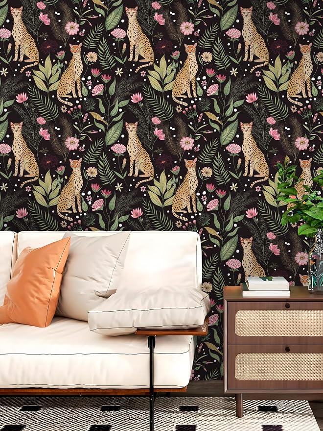 Floralplus Black Leopard Wallpaper Peel and Stick Wallpaper Removable Vintage Floral Wallpapers Dark Jungle Cheetah Renter Friendly Self Adhesive Contact Paper for Countertop 17.5 x 393 in - Image 5