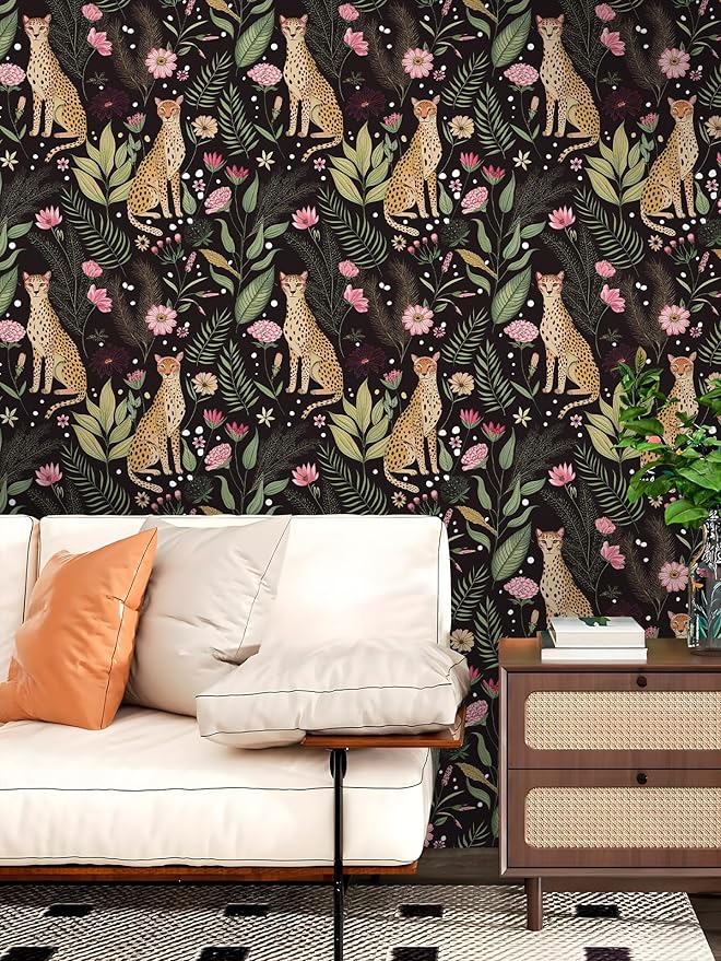 Floralplus Peel and Stick Wallpaper Black Floral Wallpapers for Bedroom | Jungle Leopard Wallpaper Removable Renter Friendly Self Adhesive Contact Paper Home Decor 17.5 x 118 in - Image 5