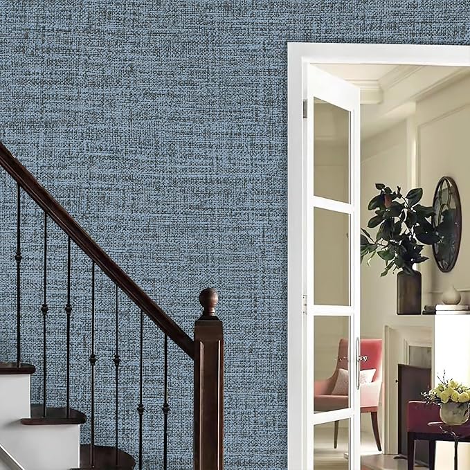 Blue Gray Grasscloth Peel and Stick Wallpaper 17.3"x480" Faux Linen Textured Contact Paper Removable Self Adhesive Vinyl Wallpaper for Bedroom Bathroom Kitchen Cabinets - Image 6