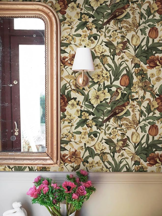 Erfoni Retro Floral and Bird Contact Paper Vintage Peel and Stick Wallpaper - Image 3