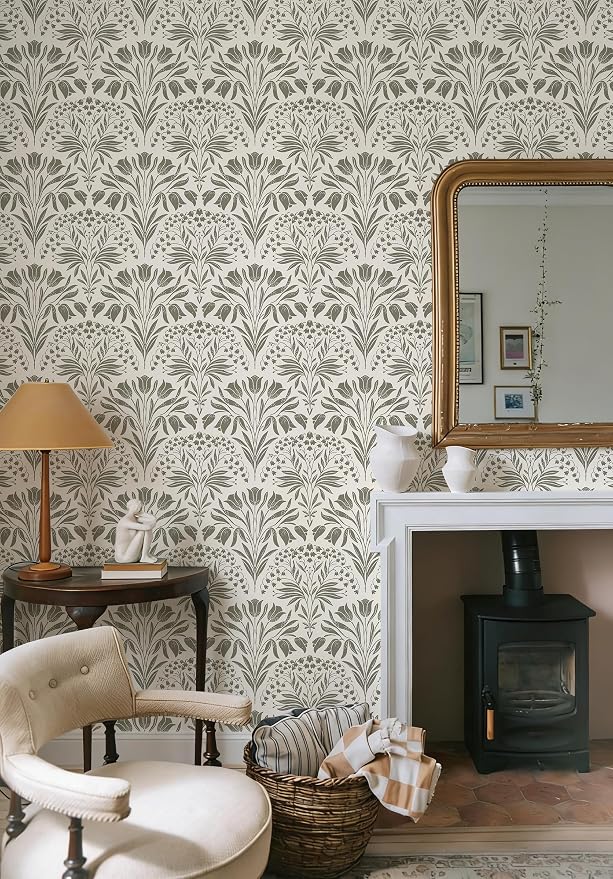 Vintage Tulip Floral Peel and Stick Wallpaper Retro Gray Contact Paper | 17.3in X 118in Tulip Flowers Self Adhesive Wallpaper Dark Botanical Removable Wallpaper for Bedroom Accent Wall Decor - Image 2