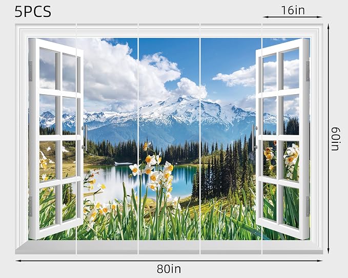 FLFK Fake Window Wall Mural - Spring Faux Window Wall Sticker for Wall Decor, Stick and Peel Wall Decals,80"x60",Set of 5 Sheets - Image 2