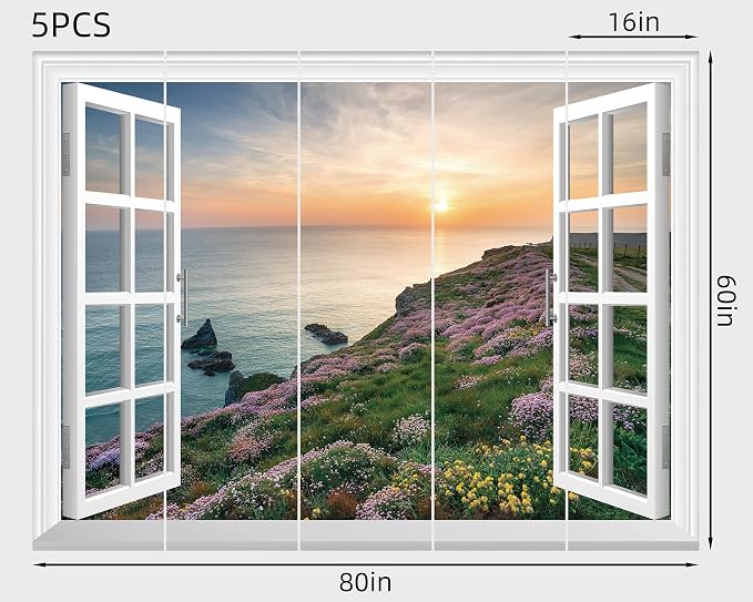 FLFK Fake Window Wall Mural - Sunset Over The Sea Faux Window Wall Sticker for Wall Decor, Stick and Peel Wall Decals,80"x60",Set of 5 Sheets - Image 2