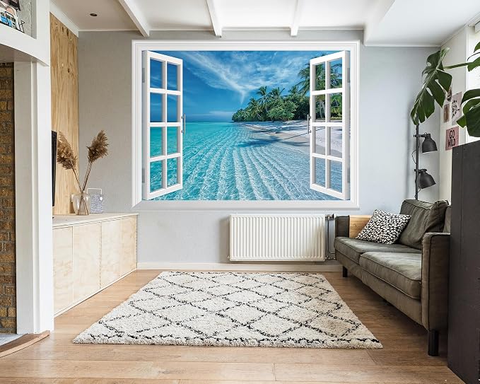 FLFK Fake Window Wall Mural - Summer Beach Faux Window Wall Decal for Wall Decor, Peel and Stick Wall Sticker,80"x60",Set of 5 Sheets - Image 4