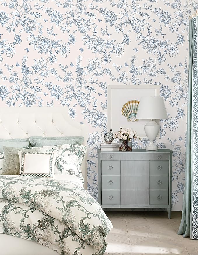 Froluya Cream White and Blue Peel and Stick Wallpaper Floral Contact Paper | 17.7in×118.1in Blue Floral Wallpaper Peel and Stick Vintage Flower Bird Self Adhesive Removable Wall Paper for Bathroom Vinyl - Image 8