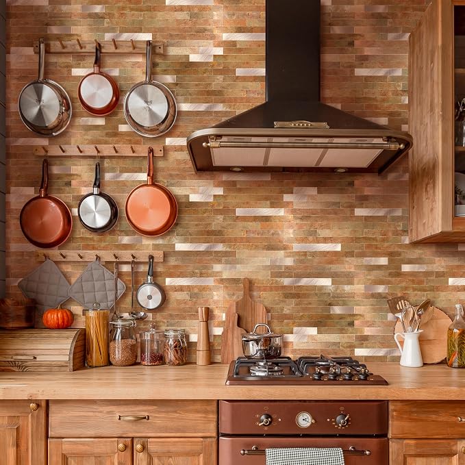 Yipscazo Peel and Stick Stone Metal Backsplash, Stick on Tiles for Backsplash Kitchen (20 Pack, Copper) - Image 6