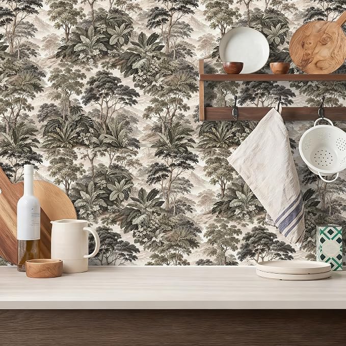HAOKHOME Vintage Peel and Stick Wallpaper Forest Toile Green for Bathroom | Self Adhesive Removable Landscape Botanical Jungle Wall Paper Textured for Bedroom Accent Wall Contact Paper 17.3in x 6.6ft - Image 4