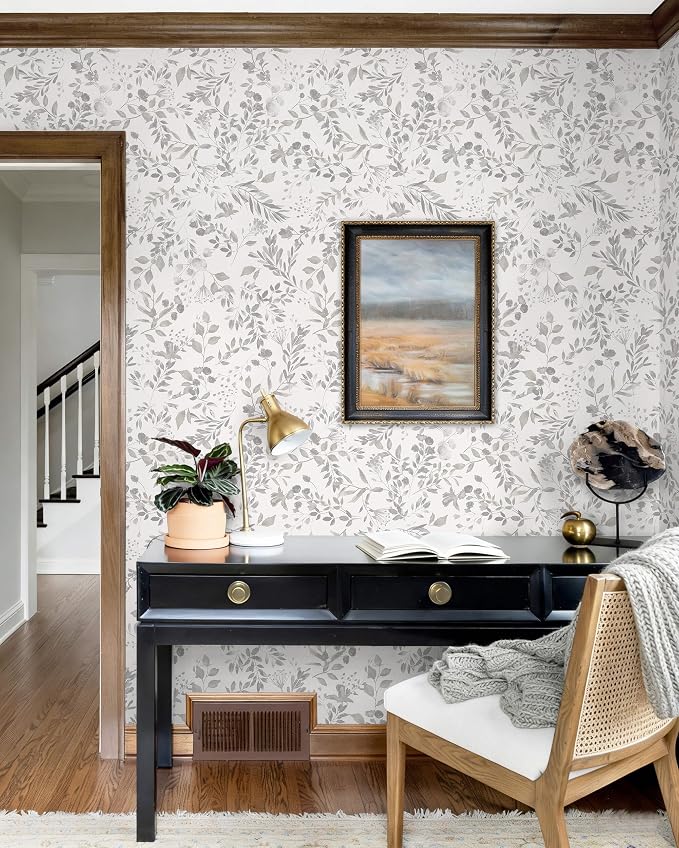 Heroad 17.3''x393'' Grey Peel and Stick Wallpaper Botanical Leaf Contact Paper Vintage Watercolor Neutral Wall Paper Self Adhesive Removable Wallpaper for Bathroom Bedroom Farmhouse Decor Vinyl Roll - Image 9