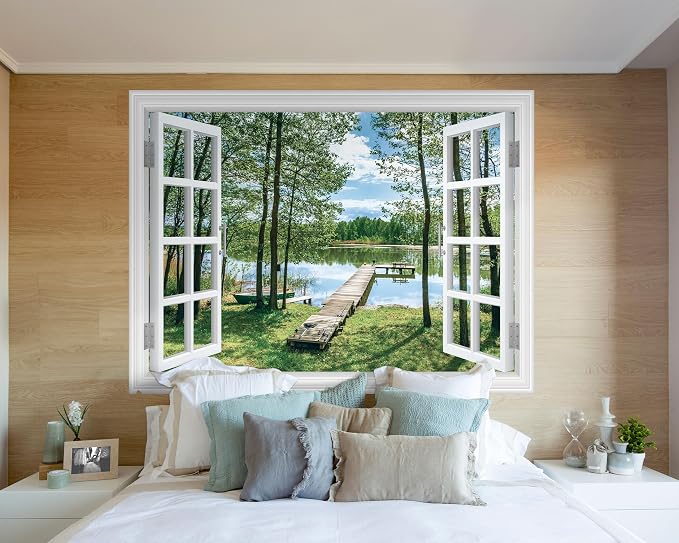 FLFK Fake Window Wall Decal Peel and Stick Wall Mural 80" x 60" | Lake & Forest Scene, 3D Illusion Effect, Removable Design, Home Office Decor, Pre-cut into 5 pieces - Image 6