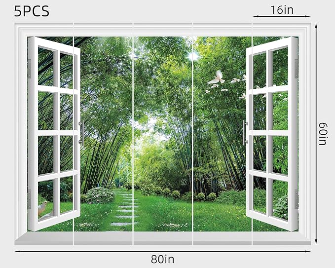 FLFK Fake Window Wall Mural - Jungle Faux Window Wall Sticker for Wall Decor, Stick and Peel Wall Decals,80"x60",Set of 5 Sheets - Image 2