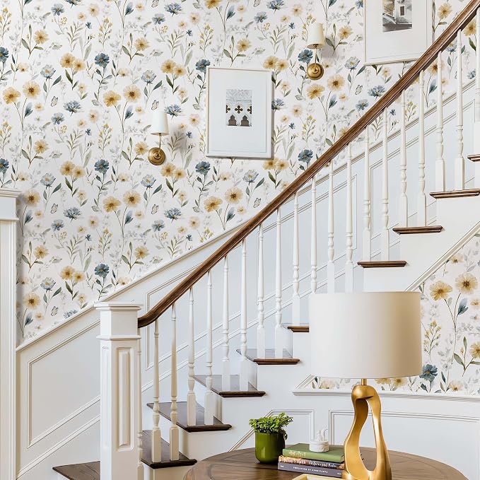 Ismoon Floral Peel and Stick Wallpaper Boho Wallpaper 17.3in x 16.4ft Blue and White Contact Paper Watercolor Flower Removable Wall Paper for Bedroom Nursery Kitchen Girls Room Vinyl - Image 7