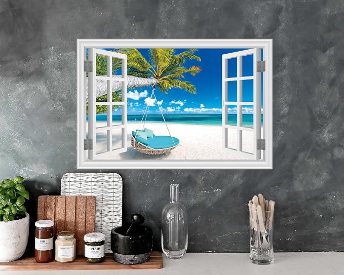 FLFK Fake Window Wall Decal, Tropical Beach Paradise with Turquoise Ocean, White Frame, Peel and Stick, 24 x 16 Inches,for Living Rooms, bedrooms, and Offices - Image 3