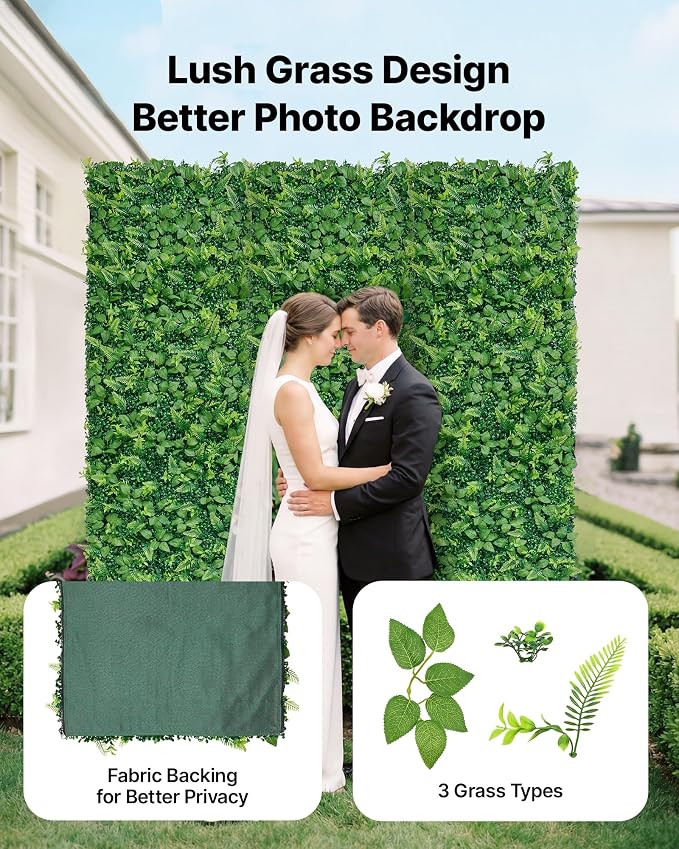 VEVOR Artificial Plant Wall, 4 PCS, Each Panel 2 x 8 ft Artificial Boxwood Panels, Sun Protection Greenery Backdrop Privacy Hedge Fence, Fake Grass Screen for Wedding, Indoor,Outdoor Garden Mixed Leaf - Image 2