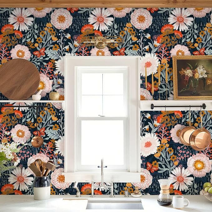 Dimoon 394"x17.3" Pink Orange Vibrant Floral Contact Paper Peel and Stick Wallpaper Boho Contact Paper Wallpaper - Image 2