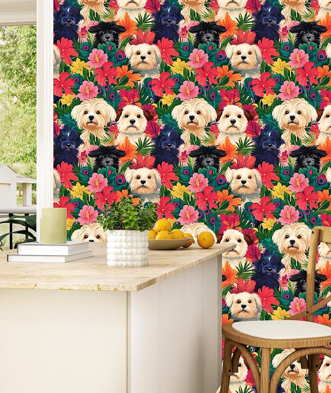 BOKEBEVE Dogs Floral Wallpaper Peel and Stick Boho Colorful 17.5 x 393.5In | Extra Long Removable Renter Friendly Vintage Floral Wall Paper for Bedroom Bathroom Cabinet Drawer Feature Accent Wall - Image 5