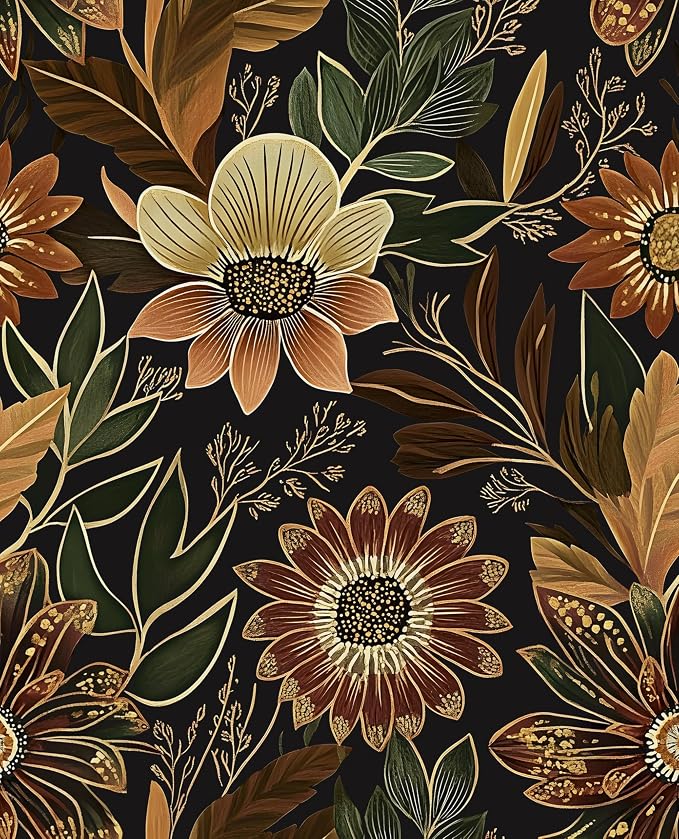 Laatse Boho Dark Black Gold Floral Wallpaper Peel and Stick 17.5"x118" | Self Adhesive/Removable/Waterproof/Thick Vinyl Contact Paper for Bathroom Bedroom Shelf Cabinet Drawer,Prepasted,Easy Peel by Laatse