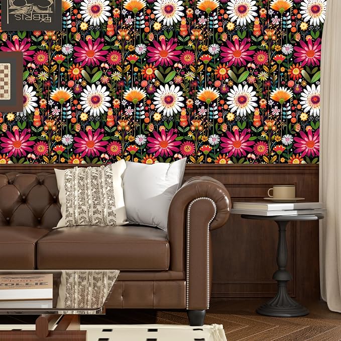 BOKEBEVE Floral Wallpaper Peel and Stick Boho Pink Colorful 17.5 x 393.5In | Extra Long Removable Renter Friendly Vintage Floral Wall Paper for Bedroom Bathroom Cabinet Drawer Feature Accent Wall - Image 2