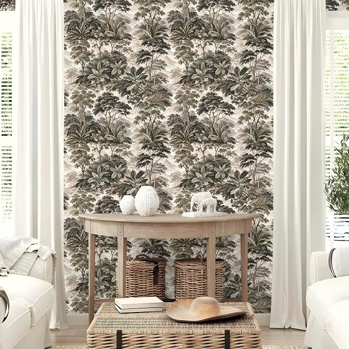 HAOKHOME Vintage Peel and Stick Wallpaper Forest Bathroom 17.3in x 19.7ft | Self Adhesive Removable Landscape Botanical Jungle Toile Wall Paper Textured Bedroom Accent Wall Green Grey Contact Paper - Image 2