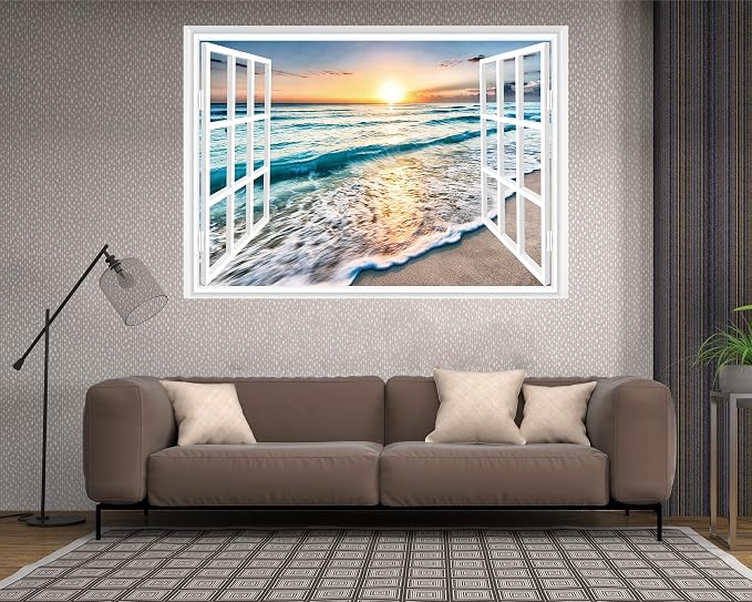 FLFK Fake Window Wall Sticker - Sunset Beach Faux Window Wall Mural for Wall Decor, Stick and Peel Wall Decals,80"x60",Set of 5 Sheets - Image 4