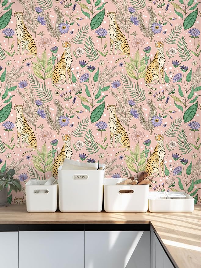 Floralplus Pink Leopard Wallpaper Floral Peel and Stick Wallpaper | Renter Friendly Removable Jungle Animal Wallpapers for Bedroom Stick On Floral Contact Paper for Nursery 17.5 x 118 in - Image 6