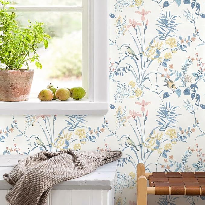 Erfoni Boho Floral Peel and Stick Wallpaper Blue Floral Birds Contact Paper | 16.9" x118" DIY Self Adhesive Removable Wallpaper for Livingroom Cabinet Decor Modern Flower Leaf Wallpaper Vinyl Roll - Image 3