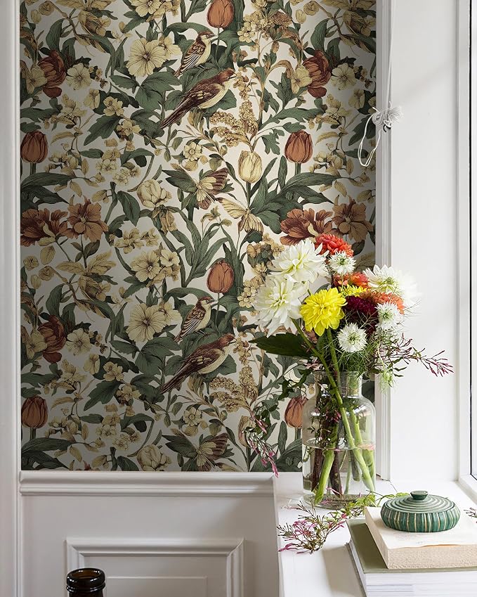Erfoni Bird Floral Peel and Stick Wallpaper Vintage Contact Paper for Walls | 17.3" x 394" Boho Floral and Leaf Self Adhesive Wallpaper Retro DIY Removable Wallpaper for Livingroom Decor Vinyl Roll Beige - Image 2