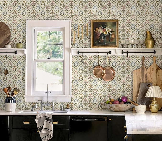 Dimoon Vintage Peel and Stick Wallpaper Retro Botanical Contact Paper Farmhouse Wallpaper Cottage Renter Friendly Removable Geometric Wall Paper for Bathroom Kitchen Textured Vinyl 17.3''x197'' - Image 2