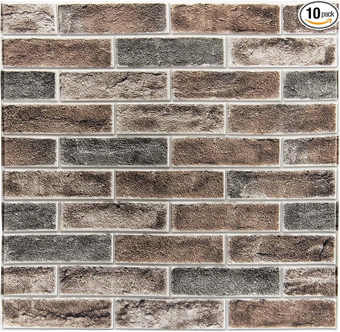 Art3d 10-Pack Durable Faux Brick Peel and Stick 3D Wall Panels, Gray Brown | Coverage: 52.5 Sq. Ft, Waterproof, Oil-Proof, Easy to Wipe, Decorative, Ideal for Bedroom, Kitchen by Art3d