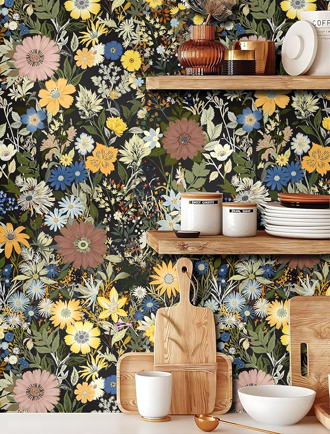 Vintage Floral Peel and Stick Wallpaper for Bedroom,Cabinets 17.3" x 118" | Textured Vinyl Contact Paper Self Adhesive Removable Waterproof Black/Green/Yellow Stick on Wall paper for Kitchen Bathroom - Image 3
