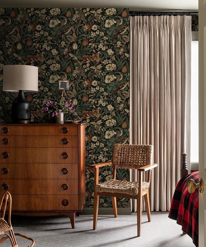 Erfoni Vintage Floral Peel and Stick Wallpaper Dark Floral and Birds | 17.3" x118" Contact Paper DIY Self Adhesive Removable Wallpaper for Bedroom Cabinets Decor Retro Boho Flower Leaf Wall Paper - Image 6