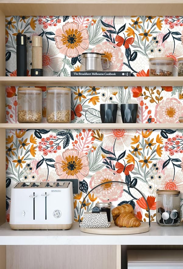 HAOKHOME Floral Peel and Stick Wallpaper Boho Pink Botanical Wall Paper | Modern Textured Colorful Contact Paper Renter Friendly Removable White Orange Flower Bathroom Bedroom Nursery 17.3in x 9.8ft - Image 5
