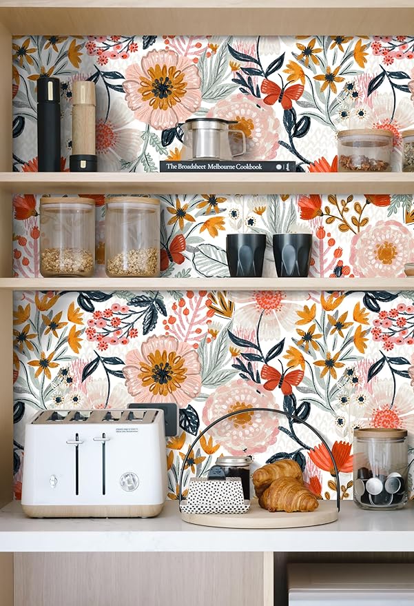 HAOKHOME Pink Floral Wallpaper Peel and Stick Botanical 17.3in x 32.8ft | Textured Boho Wall Paper Modern Renter Friendly Removable Flower White Orange Stick on Mural Bathroom Bedroom Accent Decor - Image 5