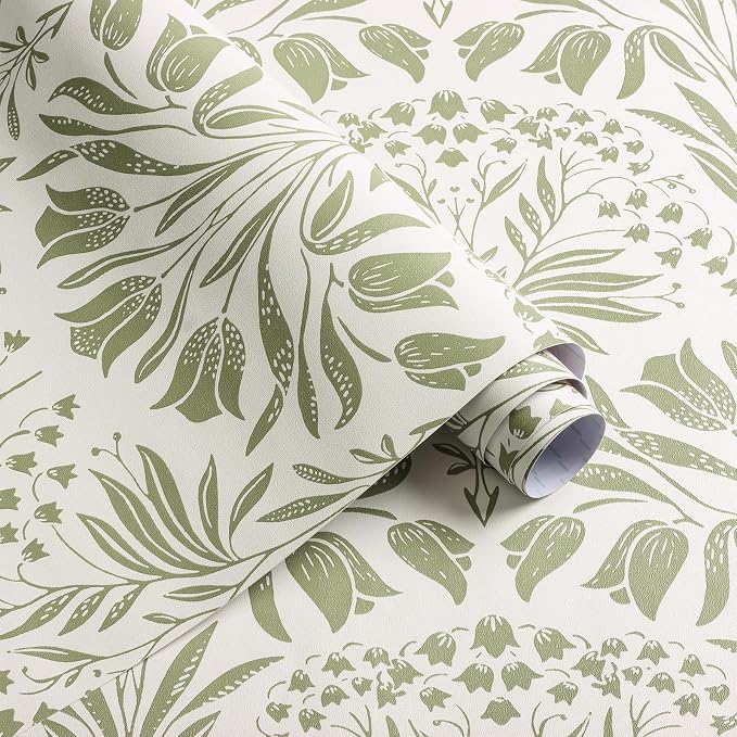 Green Tulip Floral Peel and Stick Wallpaper Retro Green Contact Paper | 17.3in X 118in Vintage Tulip Flowers Self Adhesive Wallpaper Boho Botanical Removable Wallpaper for Livingroom Decor - Image 9
