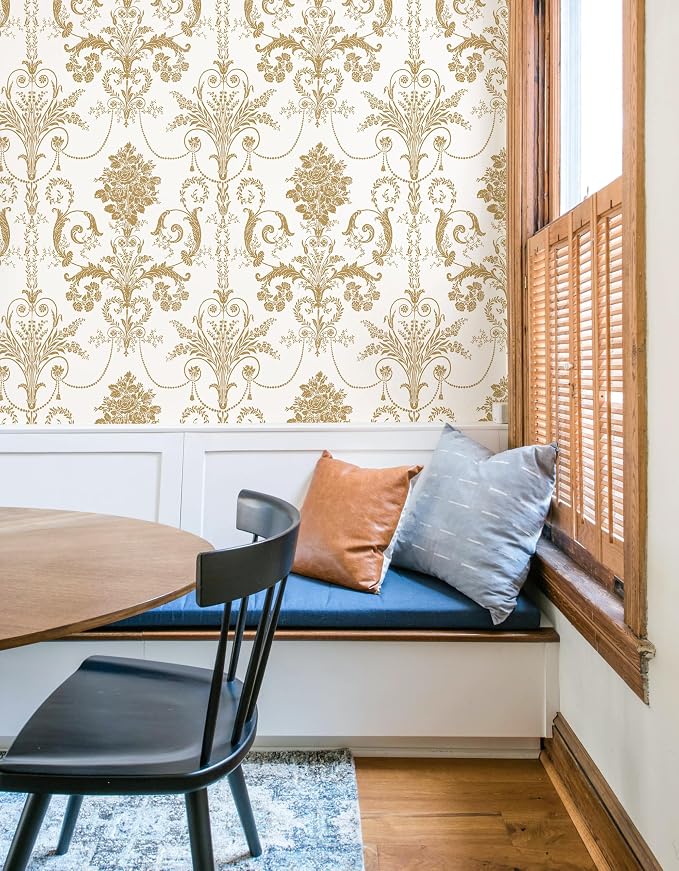 Damask Floral Peel and Stick Wallpaper Removable Gold Flowers Contact Paper | 17.3" X 118" Gold and White Damascus Wallpaper Boho Self Adhesive Decorative Wallpaper for Bedroom Accent Wall DIY Vinyl Roll - Image 8