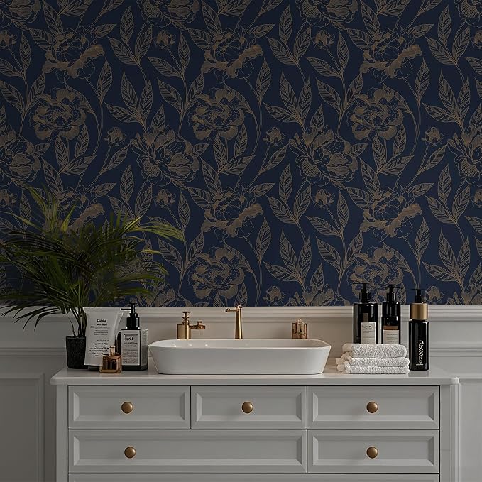 Timeet Peel and Stick Wallpaper Gold and Blue Floral Wall Paper for Bedroom Removable Self Adhesive Elegant Contact Paper Decor 17.7In × 78.7In - Image 3
