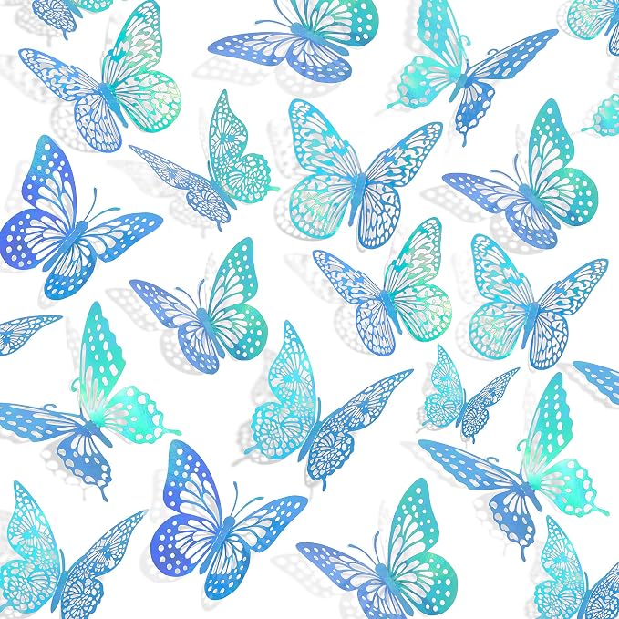 SAOROPEB 3D Butterfly Wall Decor 48 Pcs Laser Blue Butterfly Decorations | 4 Styles 3 Sizes, Butterfly Birthday Decorations Butterfly Party Decorations Cake Decorations, Removable Stickers by SAOROPEB