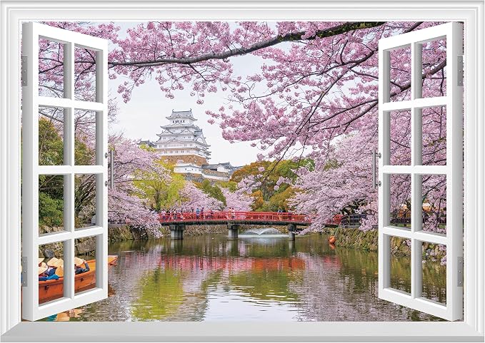 FLFK Fake Window Wall Mural - Cherry Blossom Faux Window Wall Sticker for Wall Decor, Peel and Stick Wall Decals,48"x32",Set of 2 Sheets by FLFK