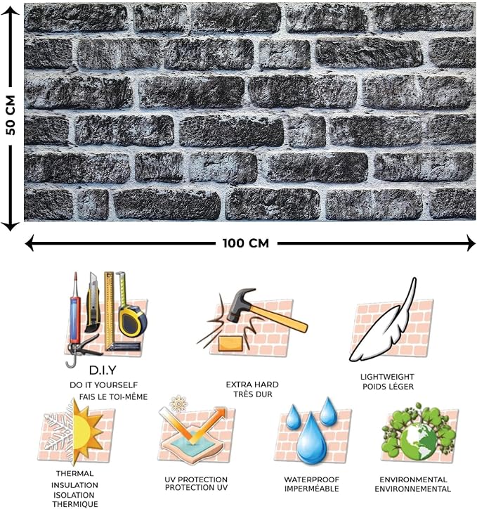 Dundee Deco 3D Wall Panels Faux Brick - Cladding, Charcoal White Stone Look Wall Paneling, Styrofoam Facing for Living Room, Kitchen, Bathroom, Balcony, Bedroom, Sample, Size 10 x 10 in. - Image 7