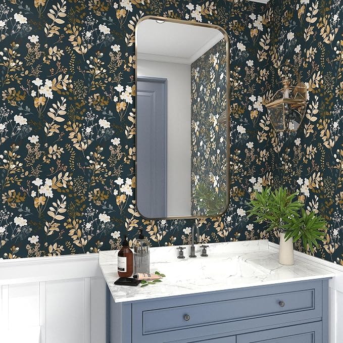 Laatse Vintage Dark Navy Gold Floral Peel and Stick Wallpaper 17.5"x118" | Self Adhesive/Removable/Waterproof/Thick Vinyl Contact Paper for Bathroom Bedroom Shelf Cabinet Drawer,Prepasted,Easy Peel - Image 5