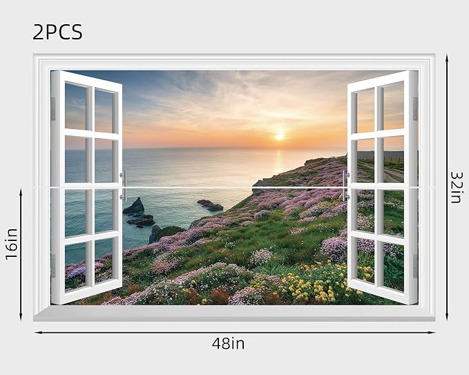 FLFK Fake Window Wall Mural - Sunset Over the Sea Faux Window Wall Sticker for Wall Decor, Stick and Peel Wall Decals,48"x32",Set of 2 Sheets - Image 2