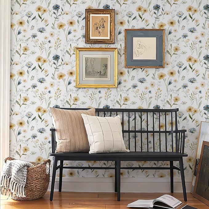 Ismoon Floral Peel and Stick Wallpaper Boho Wallpaper 17.3in x 32.8ft Blue and White Contact Paper Watercolor Flower Removable Wall Paper for Bedroom Nursery Kitchen Girls Room Vinyl - Image 5