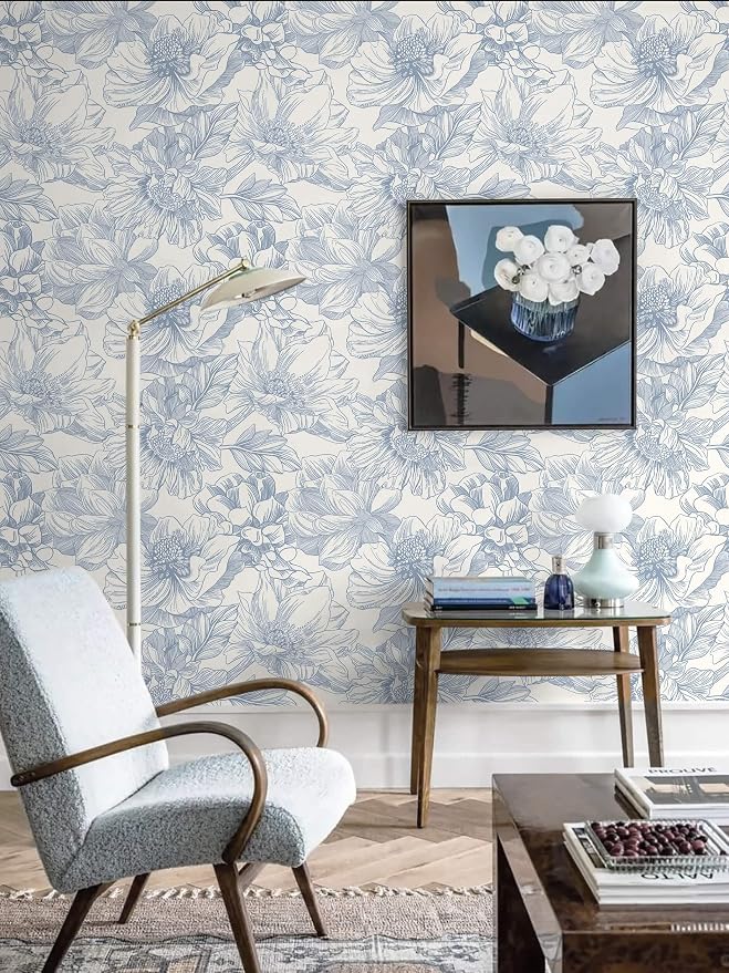 Ismoon Vintage Floral Wallpaper Peel and Stick Beige and Blue Contact Paper 17.3inx32.75ft Removable Self Adhesive Wall Paper for Bathroom Bedroom Cabinet Mural Wall Decor Vinyl Renter Friendly - Image 5