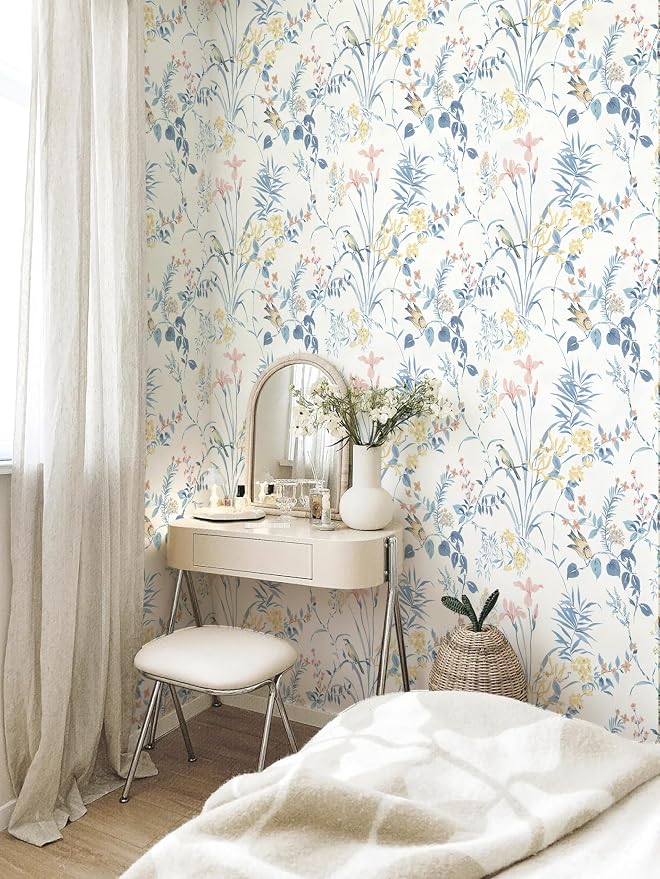 Erfoni Boho Floral Peel and Stick Wallpaper Blue Floral Birds Contact Paper | 16.9" x118" DIY Self Adhesive Removable Wallpaper for Livingroom Cabinet Decor Modern Flower Leaf Wallpaper Vinyl Roll - Image 2