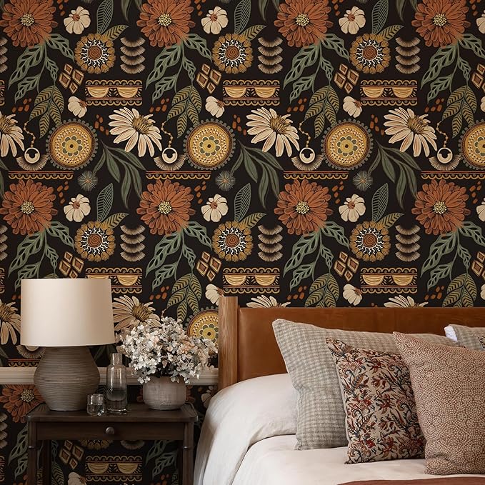 Simon&Siff Boho Floral Peel and Stick Wallpaper 17.3" x 480" | Sun Floral Retro Contact Paper Removable Self Adhesive Contact Paper, Renter Friendly for Cabinets, Furniture, DIY Decor - Image 3