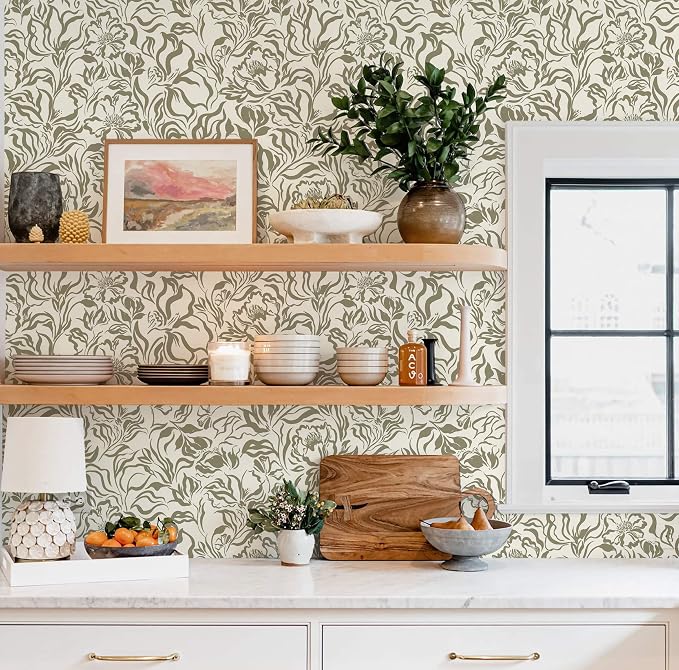 Ismoon Vintage Floral Wallpaper Peel and Stick Beige and Green Contact Paper 17.3in x 32.8ft Peony Flower Abstract Striped Floral Wallpaper for Bathroom Bedroom Removable Vinyl Renter Friendly - Image 3