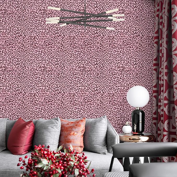 Leopard Print Peel and Stick Wallpaper, Waterproof Removable Self Adhesive Textured Wall Paper, Black and Pink Unique Funky Cheetah Contact Paper for Bedroom and Bathroom 480"X17.3"(57.6 sq. ft) - Image 6
